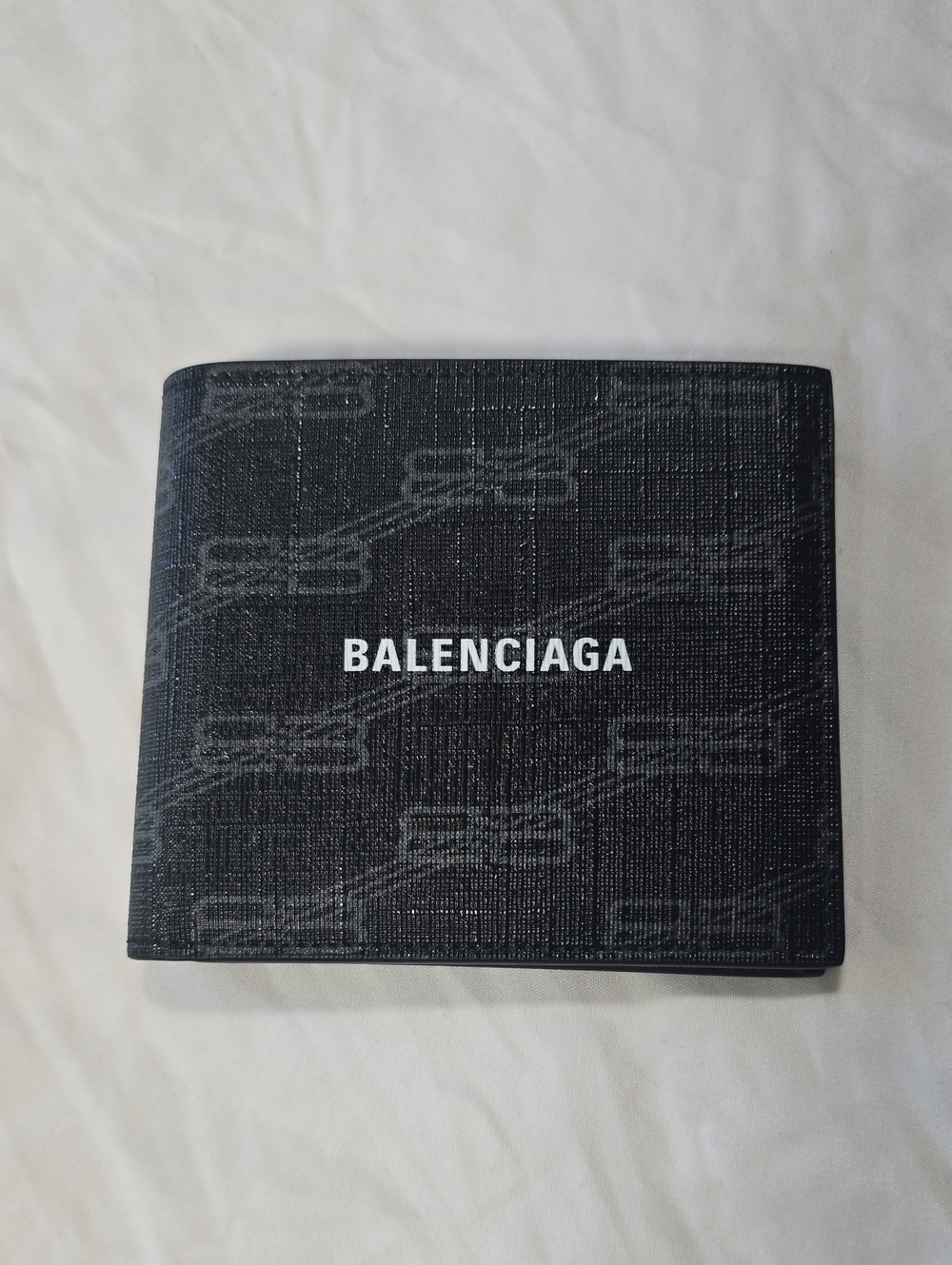Balenciaga Black Monogram Bi-Fold Wallet with White Logo